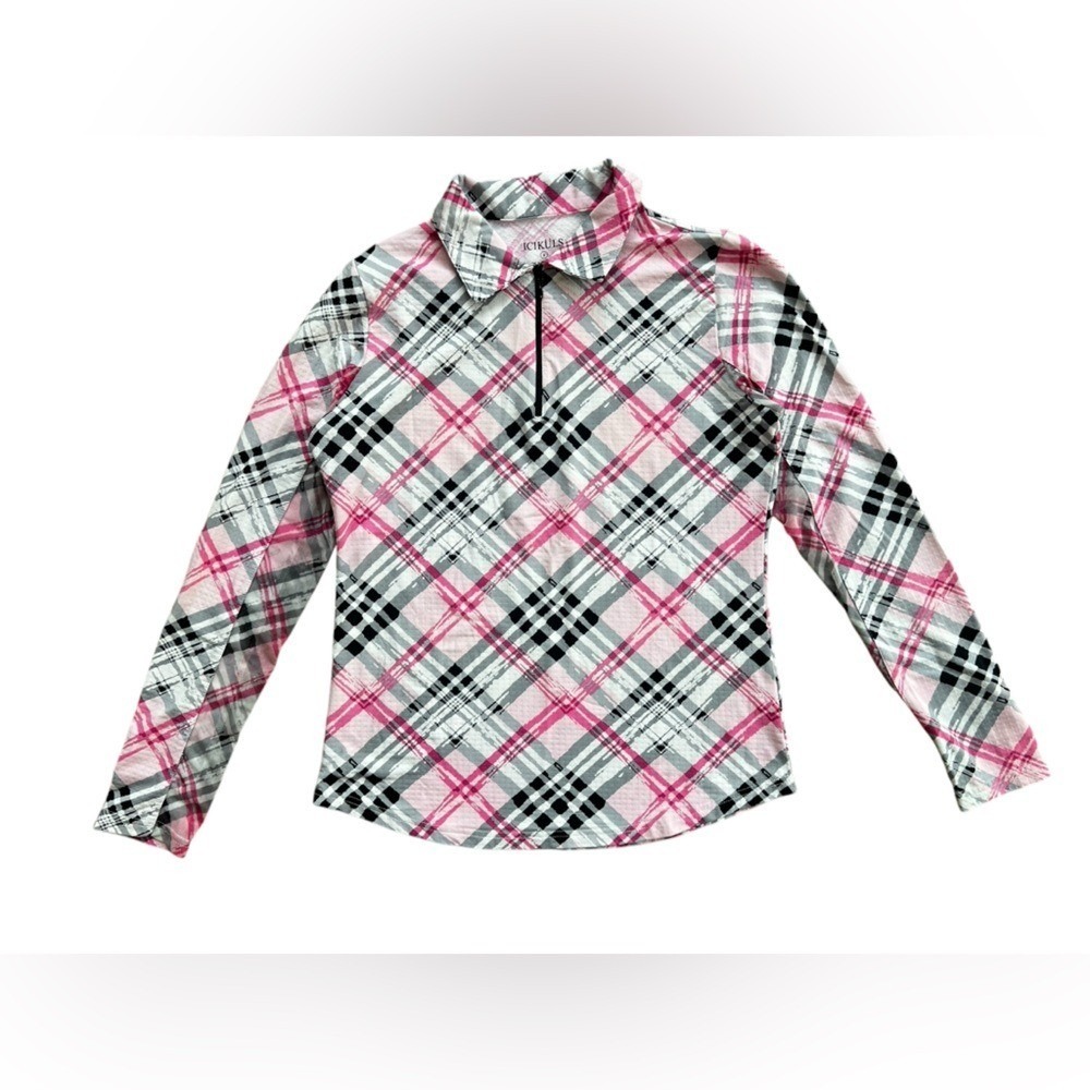 Icikuls Womens Pink Plaid Quarter Zip Long Sleeve Sun Shirt Mesh Panels Size S